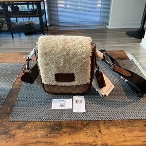 Coach Lucas Shearling/Leather crossbody, QB/Tan/Natural/Vintage Brown, NWT.